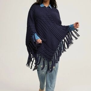 New Torrid Navy Blue Fringe Cable Knit Poncho